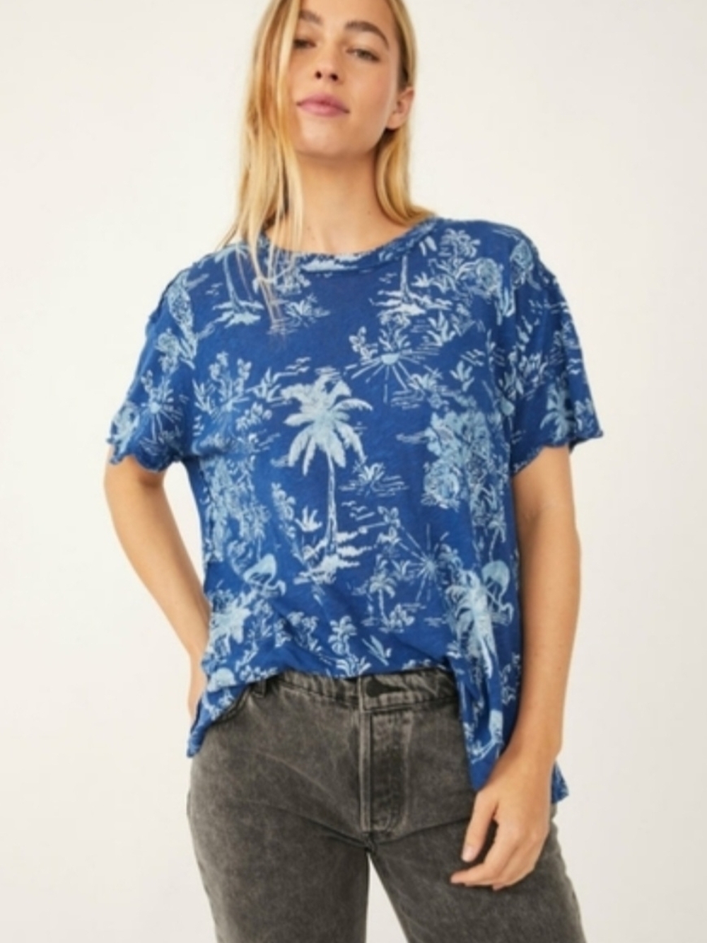 Free People Blue Palm Print Short Sleeve Tee